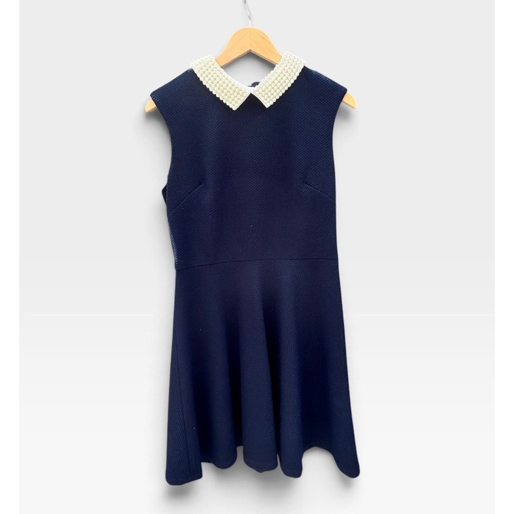 Betsey Johnson Dress Womens 8 Navy Blue Pearl Collar Fit Flare Sleeveless